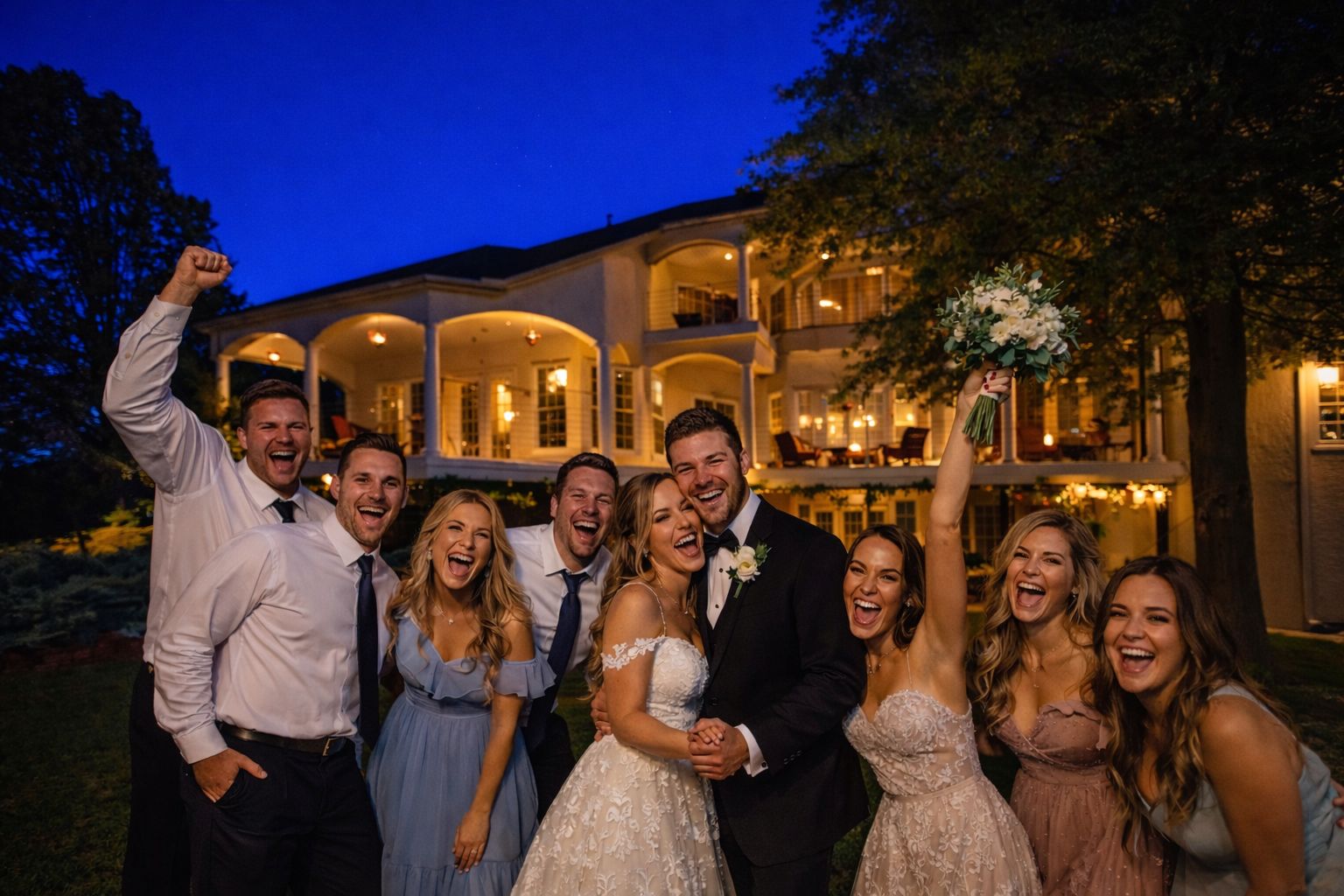 Wedding party celebrating at Whispering Oak at night