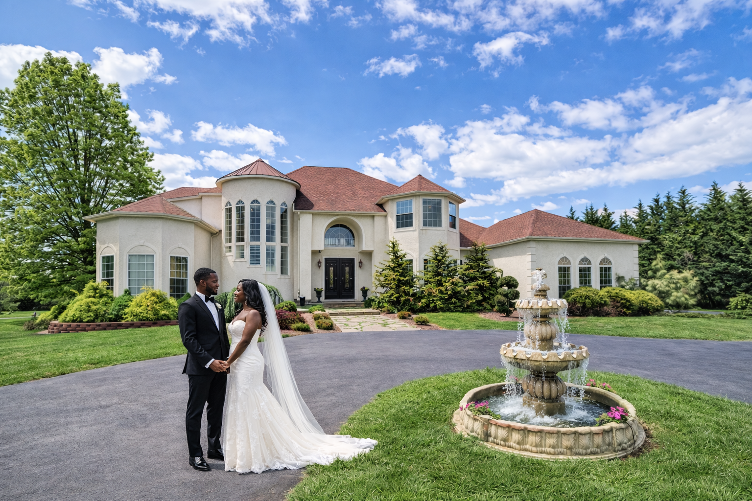 Wedding party in front of Whispering Oak Mansion